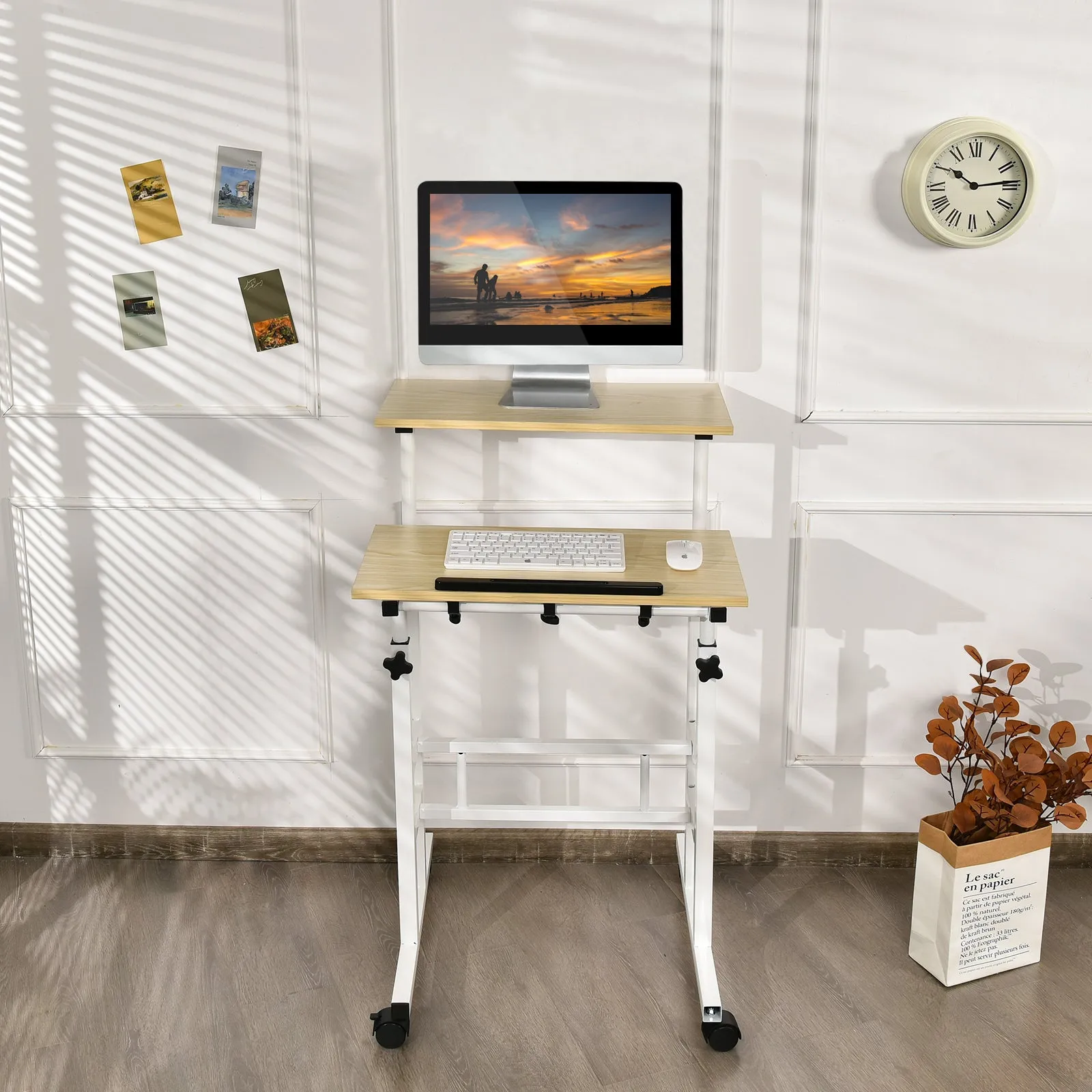 2-Tier Adjustable Standing Desk on Wheels-Natural