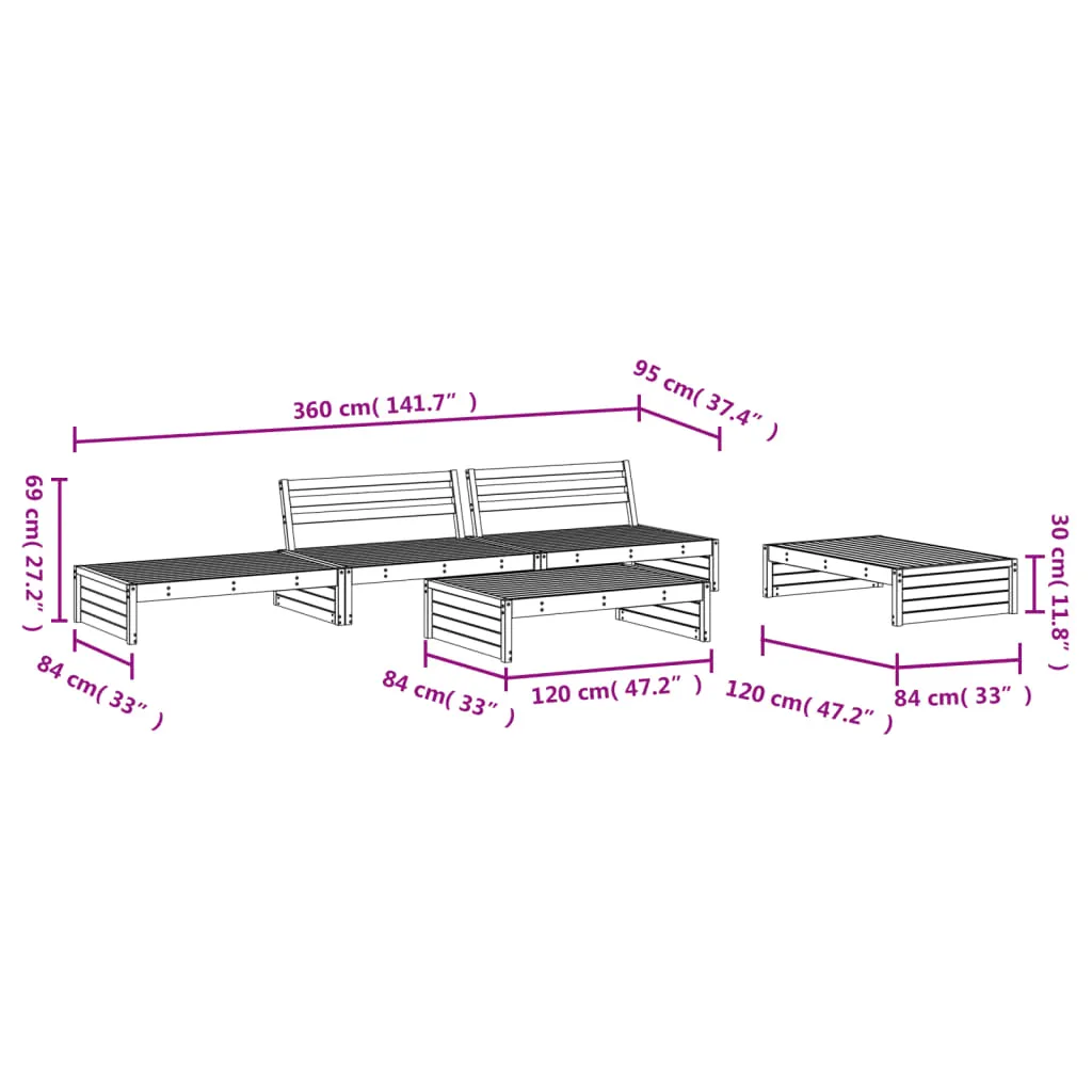 5 Piece Garden Lounge Set Black Solid Wood Pine