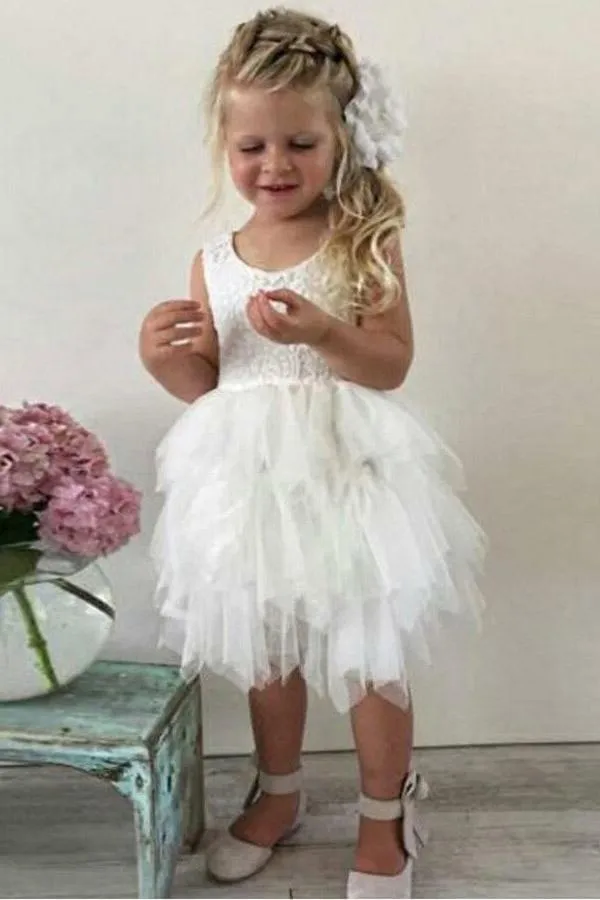 A-Line Crew Knee-Length Tulle Flower Girl Dress with Lace Ruffles  FL06