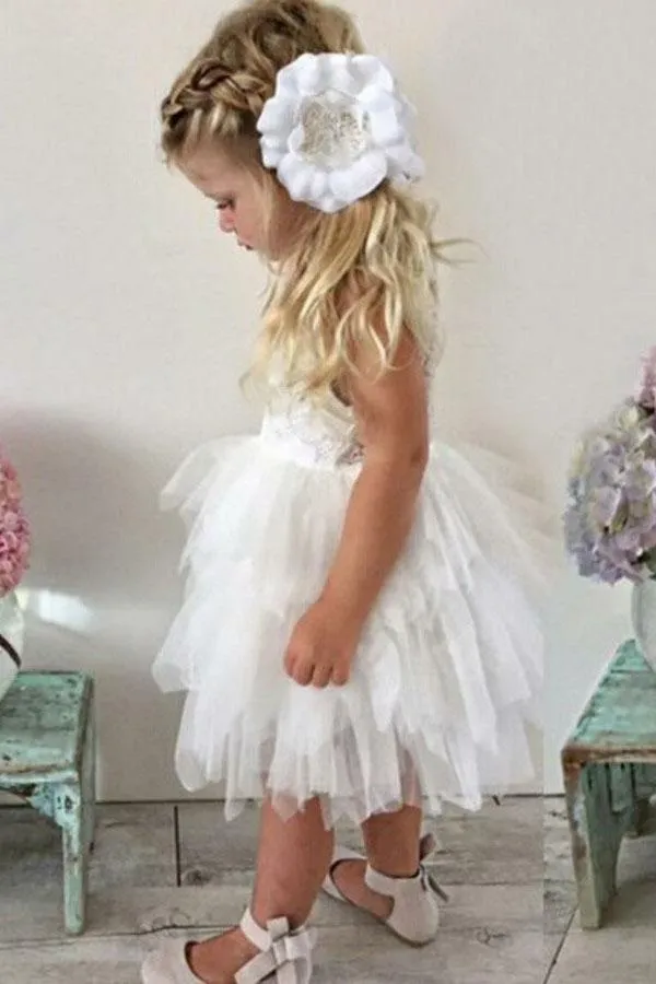 A-Line Crew Knee-Length Tulle Flower Girl Dress with Lace Ruffles  FL06