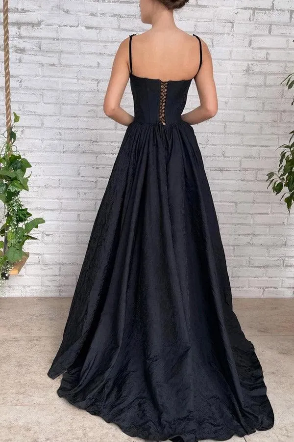 A Line Taffeta Split Black Long Prom Dress With Pockets PSK368