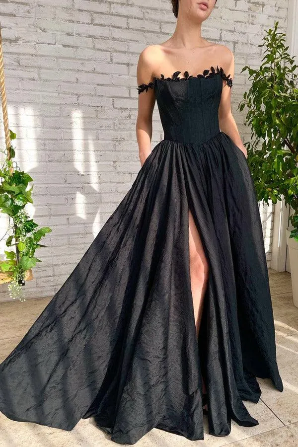 A Line Taffeta Split Black Long Prom Dress With Pockets PSK368