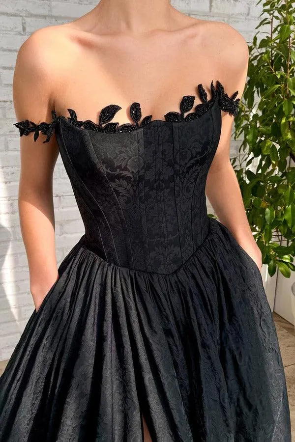 A Line Taffeta Split Black Long Prom Dress With Pockets PSK368