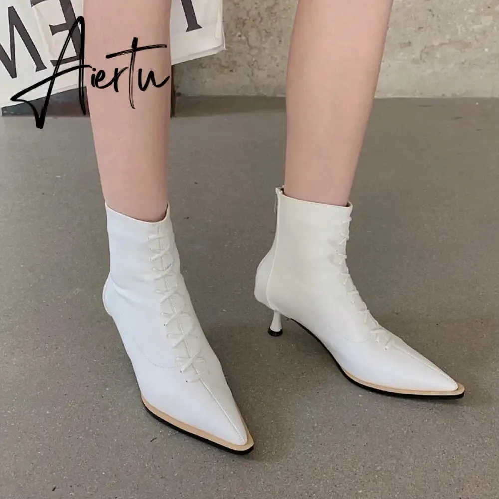Aiertu Winter Designer Women Lace Up Ankle Boots Thin High Heel Pointed Toe Short Boot Shoes Ladies Dress Pumps Chelsea