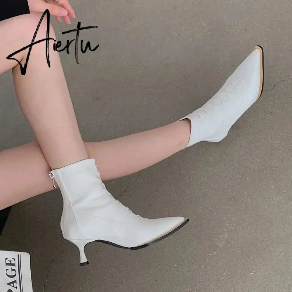 Aiertu Winter Designer Women Lace Up Ankle Boots Thin High Heel Pointed Toe Short Boot Shoes Ladies Dress Pumps Chelsea