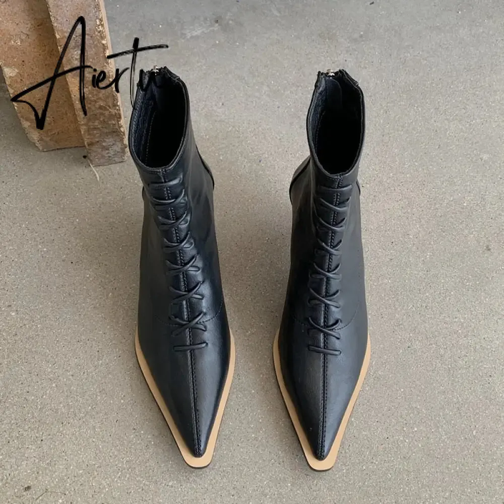 Aiertu Winter Designer Women Lace Up Ankle Boots Thin High Heel Pointed Toe Short Boot Shoes Ladies Dress Pumps Chelsea