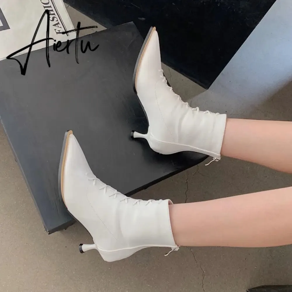 Aiertu Winter Designer Women Lace Up Ankle Boots Thin High Heel Pointed Toe Short Boot Shoes Ladies Dress Pumps Chelsea