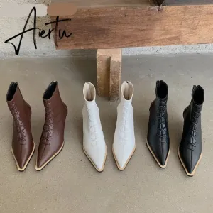 Aiertu Winter Designer Women Lace Up Ankle Boots Thin High Heel Pointed Toe Short Boot Shoes Ladies Dress Pumps Chelsea