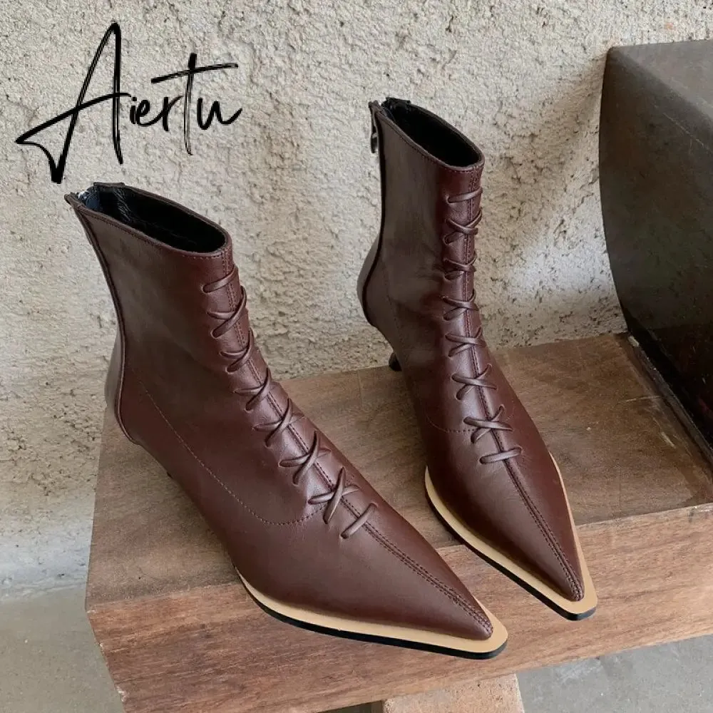 Aiertu Winter Designer Women Lace Up Ankle Boots Thin High Heel Pointed Toe Short Boot Shoes Ladies Dress Pumps Chelsea