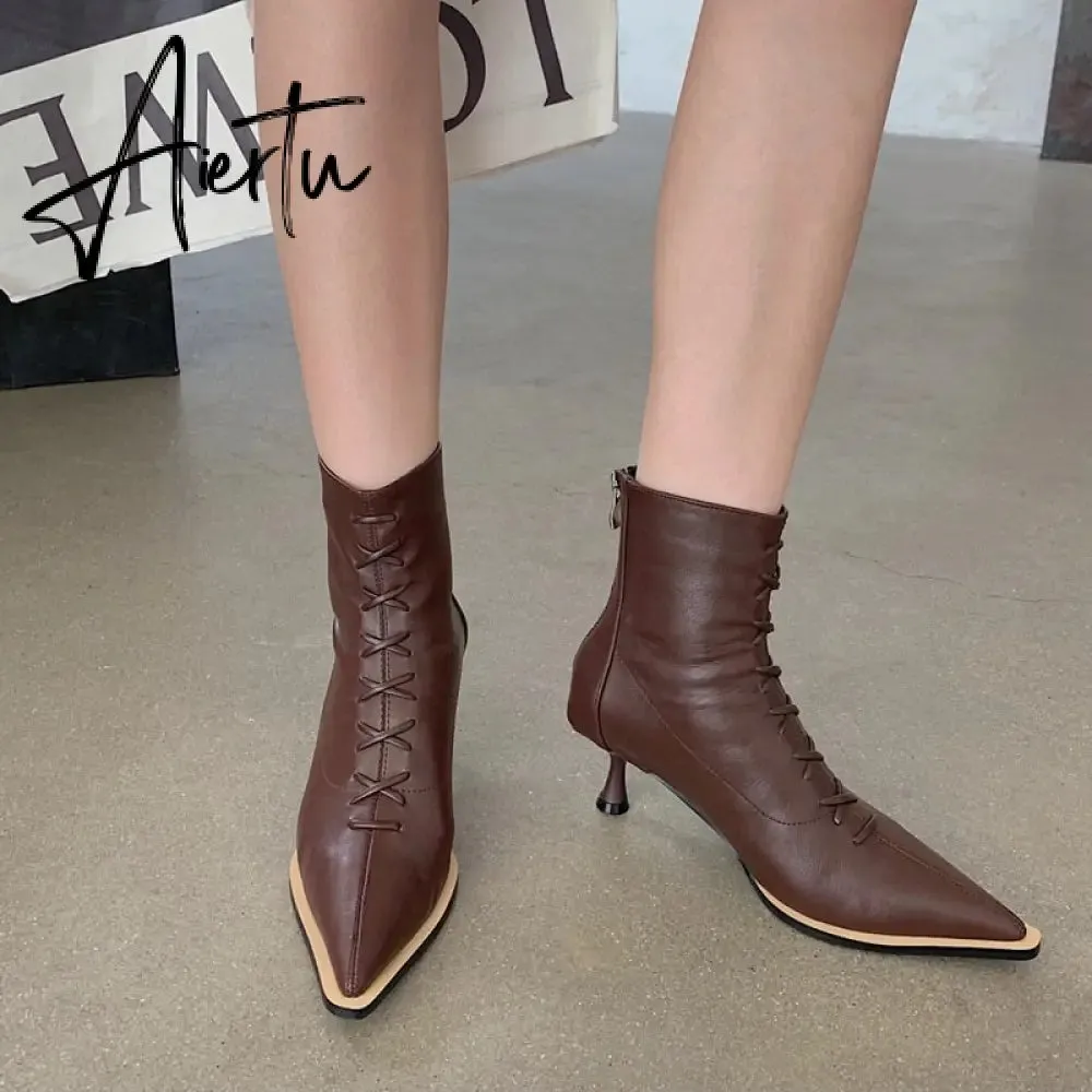 Aiertu Winter Designer Women Lace Up Ankle Boots Thin High Heel Pointed Toe Short Boot Shoes Ladies Dress Pumps Chelsea