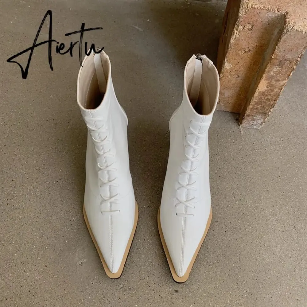 Aiertu Winter Designer Women Lace Up Ankle Boots Thin High Heel Pointed Toe Short Boot Shoes Ladies Dress Pumps Chelsea
