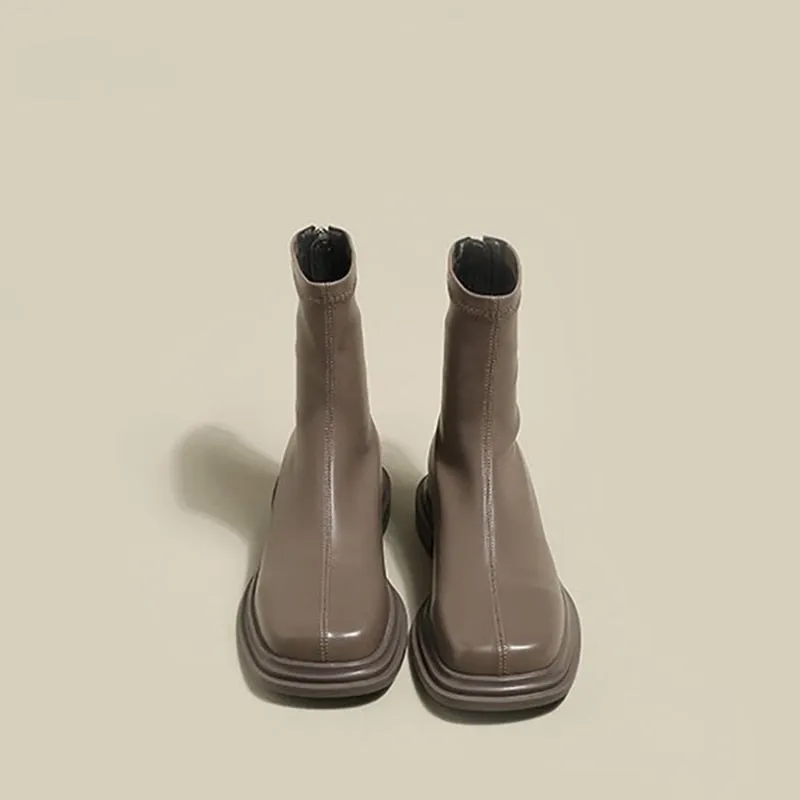 Amozae Winter Chelsea Short Woomen Boots New British Style Thick-Soled Fleece Square Toe Solid Office Ladies Shoes Fashion Females