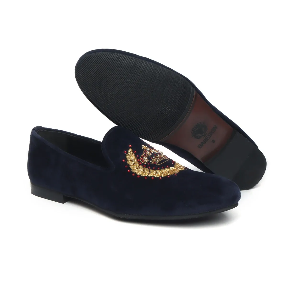 Blue Velvet  Slip-On Shoes with Crown Crest Zardosi With Stem Design By Brune & Bareskin