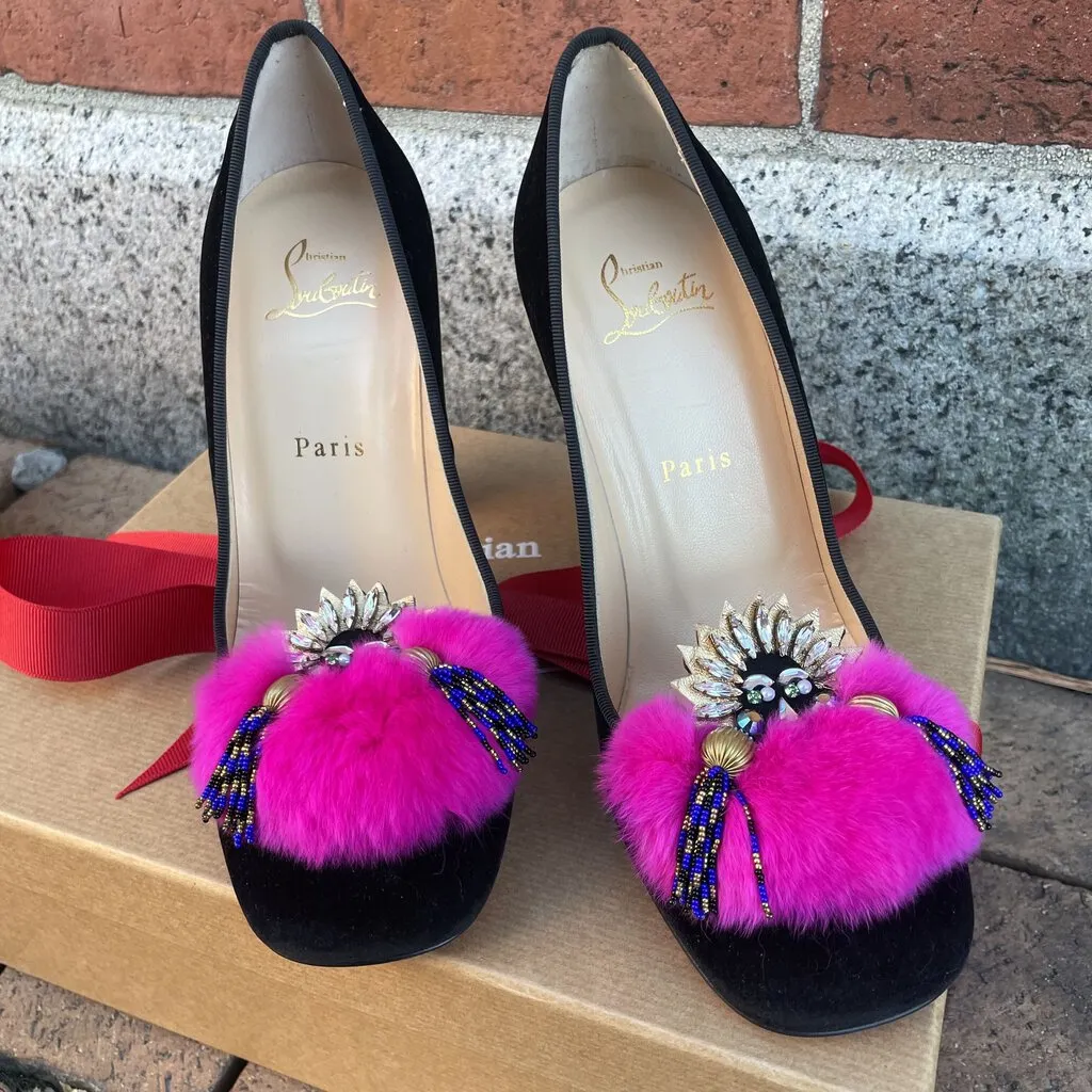 Christian Louboutin Velvet Fur Crystal Mayamoc Pump - Size 38