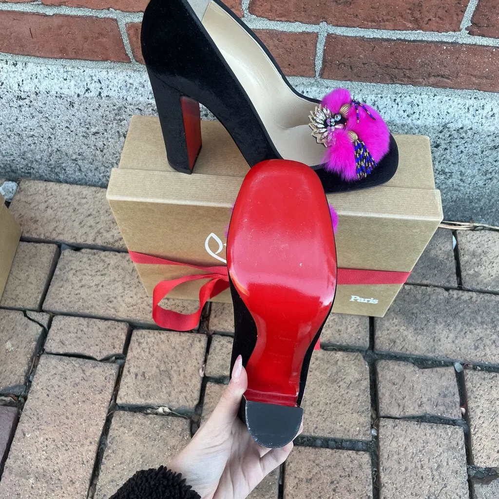 Christian Louboutin Velvet Fur Crystal Mayamoc Pump - Size 38
