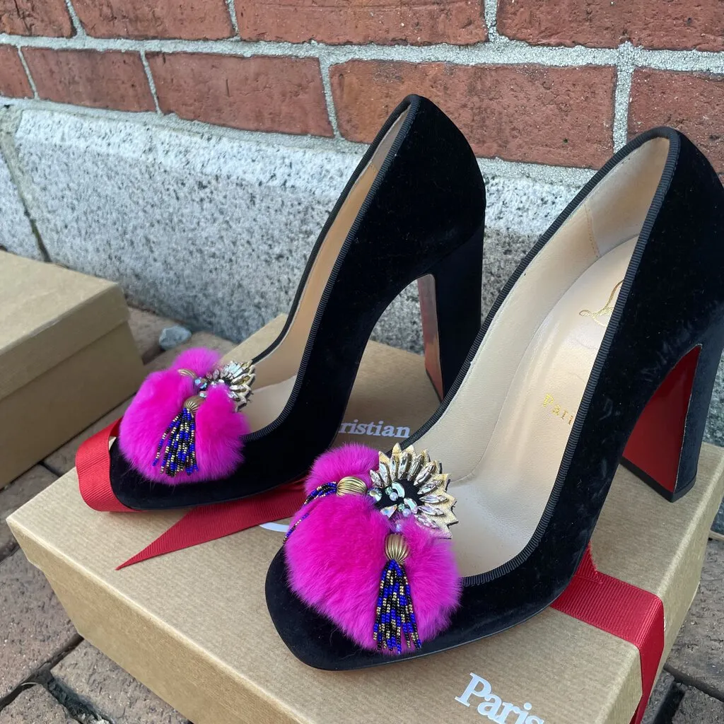 Christian Louboutin Velvet Fur Crystal Mayamoc Pump - Size 38