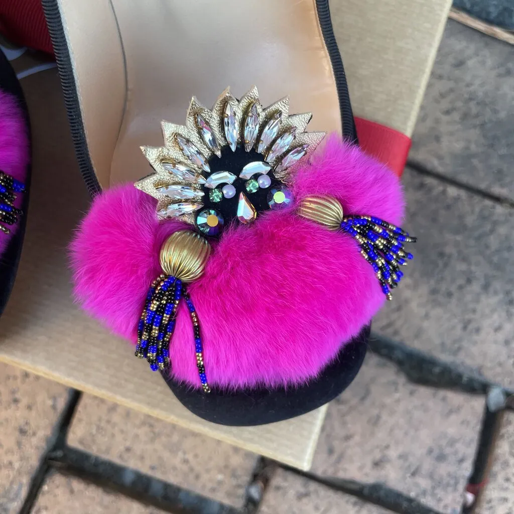 Christian Louboutin Velvet Fur Crystal Mayamoc Pump - Size 38