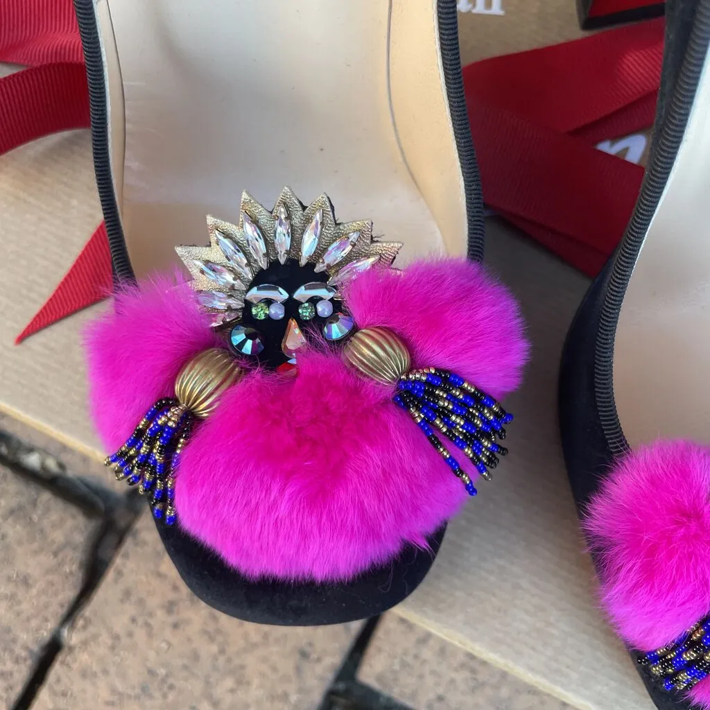 Christian Louboutin Velvet Fur Crystal Mayamoc Pump - Size 38