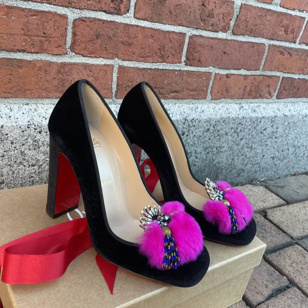Christian Louboutin Velvet Fur Crystal Mayamoc Pump - Size 38