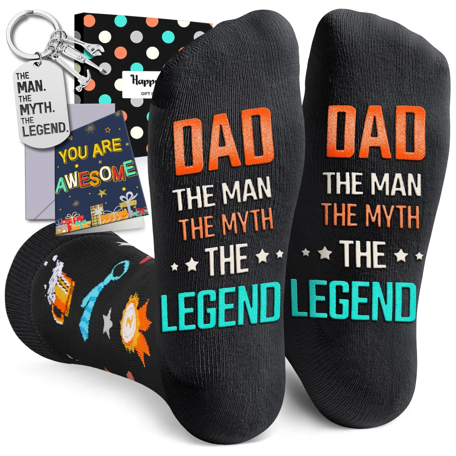 Cool Gifts For Dad Father Him - Dad Birthday Gifts, Father Gifts From Daughter Son, Fathers Day Socks Funny Dad Socks With Greeting Card Keychain