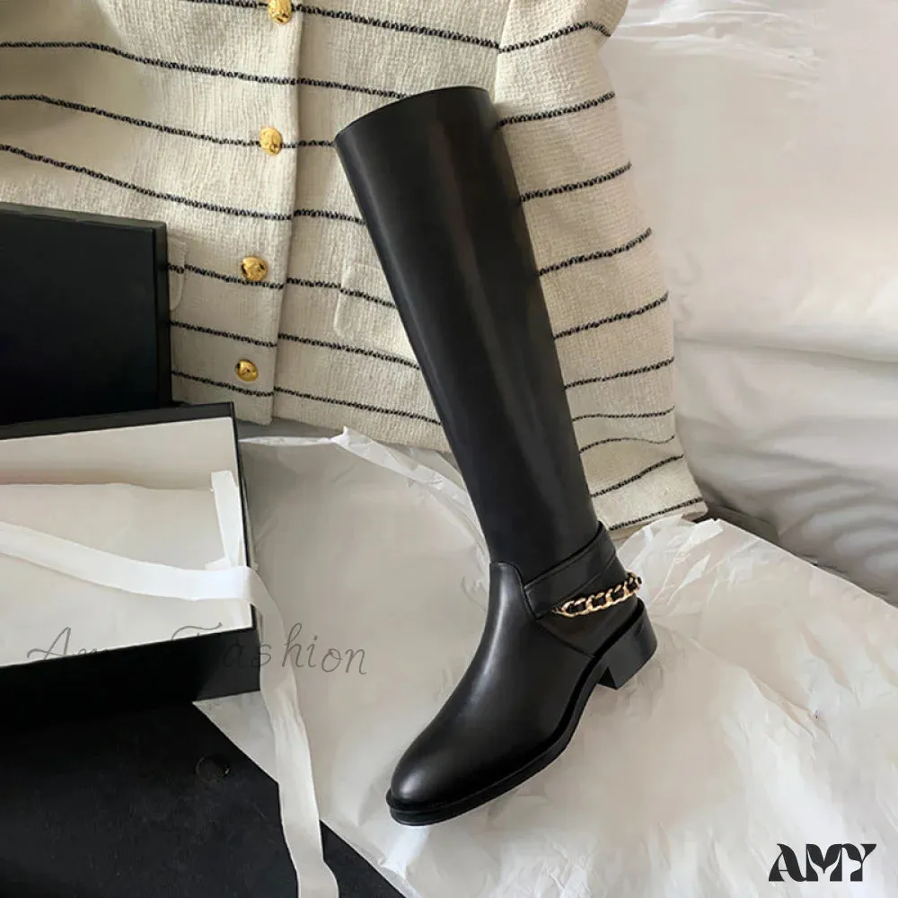 Cowhide Genuine Slim Chain High Tube Rider Boots Chunky Heel Over-Knee Round Toe Women's Shoes
