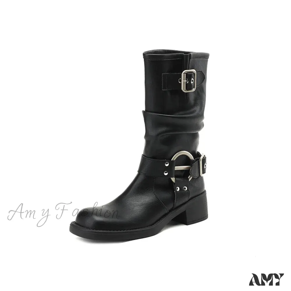 Cowhide Western Cowboy Belt Buckle Ruched Mid Tube Long Boots High Tube Rider Martin Boots Women's Shoes