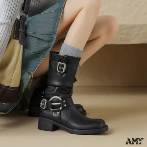 Cowhide Western Cowboy Belt Buckle Ruched Mid Tube Long Boots High Tube Rider Martin Boots Women's Shoes