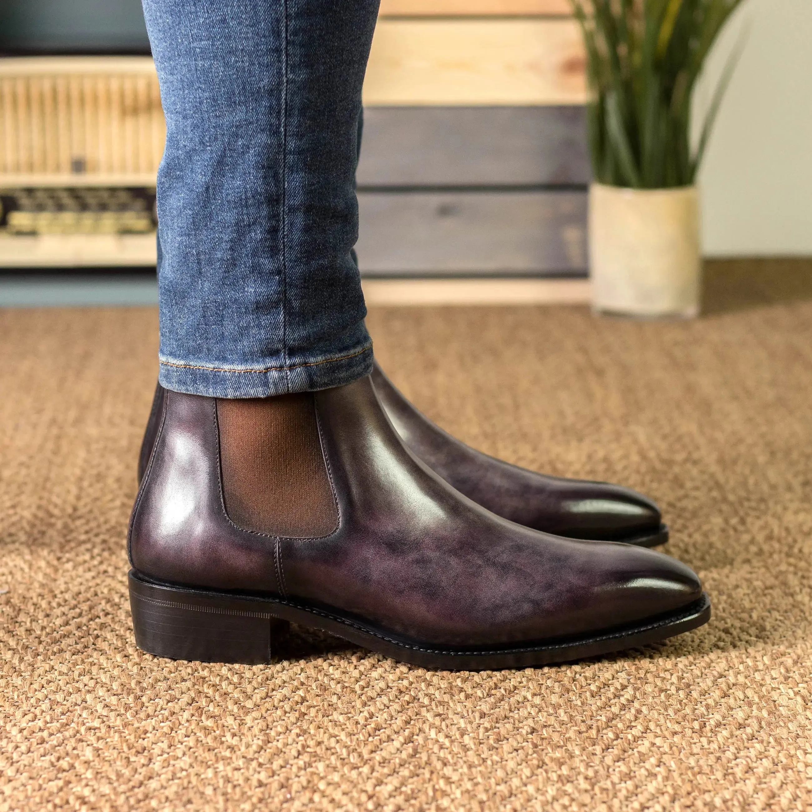 DapperFam Monza in Aubergine Men's Hand-Painted Patina Chelsea Boot