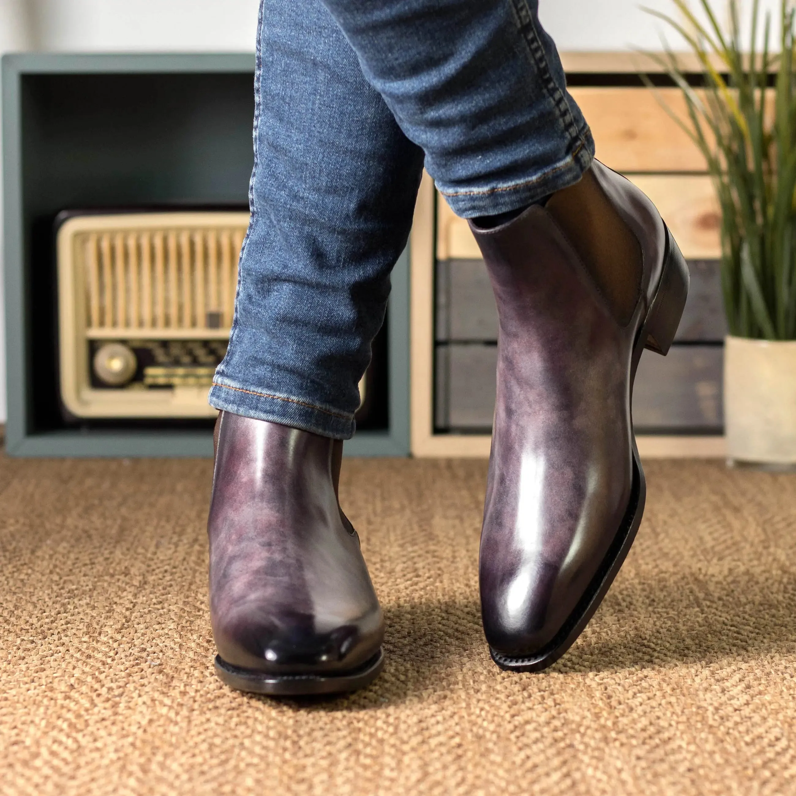 DapperFam Monza in Aubergine Men's Hand-Painted Patina Chelsea Boot