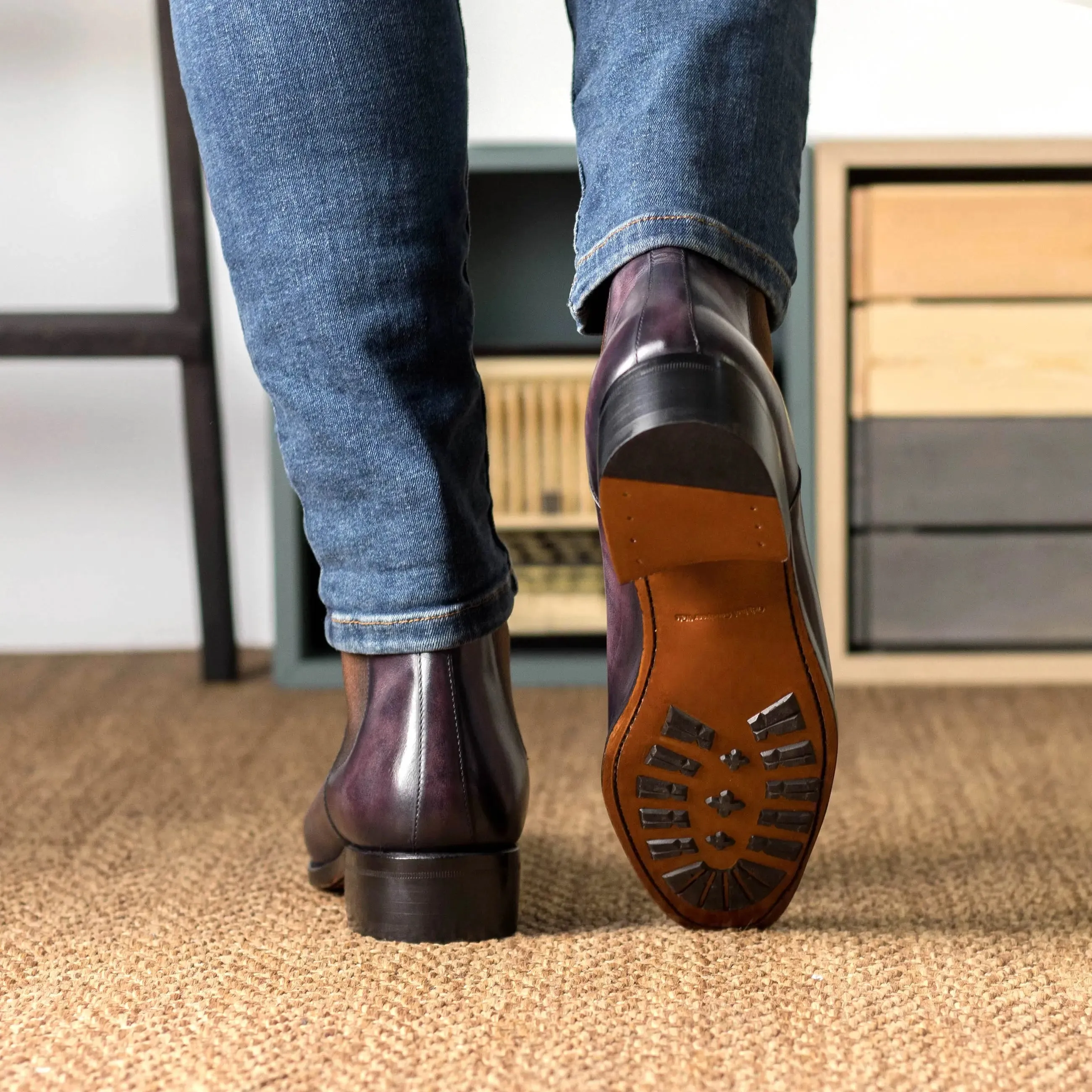 DapperFam Monza in Aubergine Men's Hand-Painted Patina Chelsea Boot