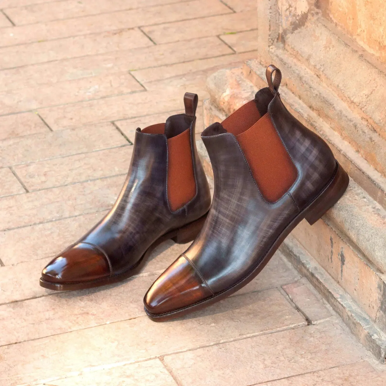 DapperFam Monza in Brown / Grey Men's Hand-Painted Patina Chelsea Boot