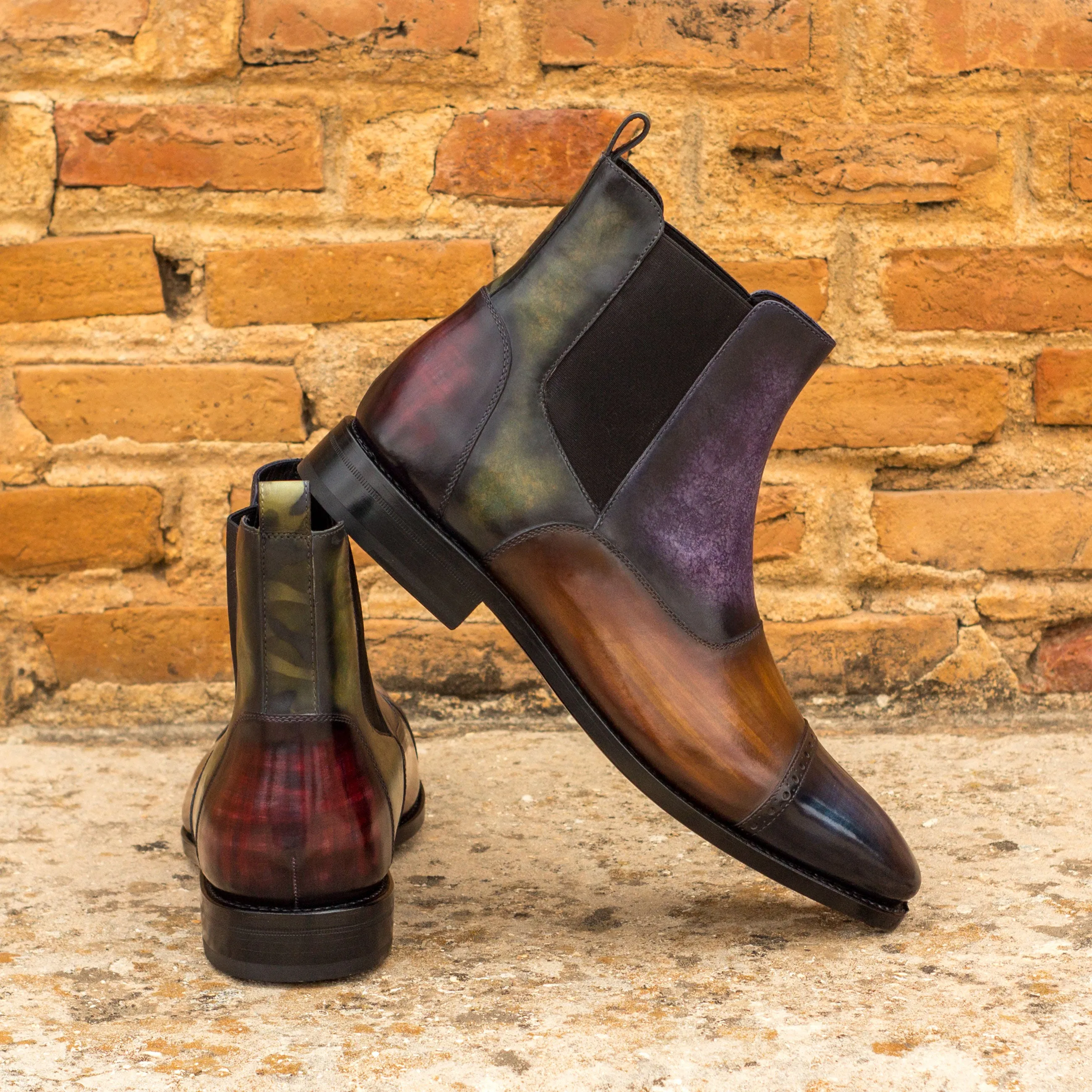 DapperFam Vesuvio in Denim / Burgundy / Purple / Khaki / Cognac Men's Hand-Painted Patina Chelsea Multi Boot