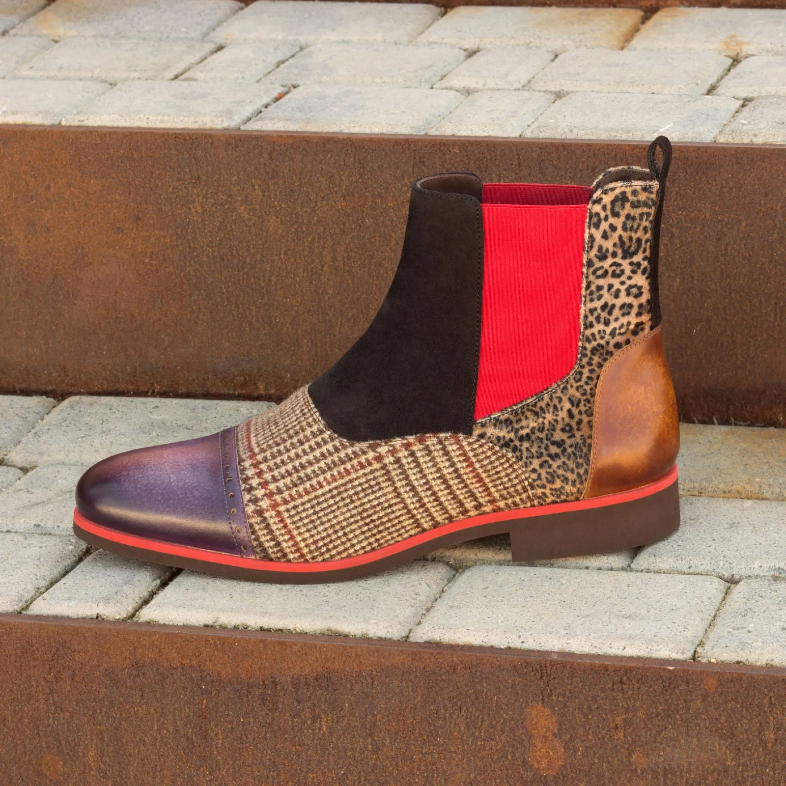 DapperFam Vesuvio in Tweed / Leopard / Black Men's Sartorial & Lux Suede & Hand-Painted Patina Chelsea Multi Boot