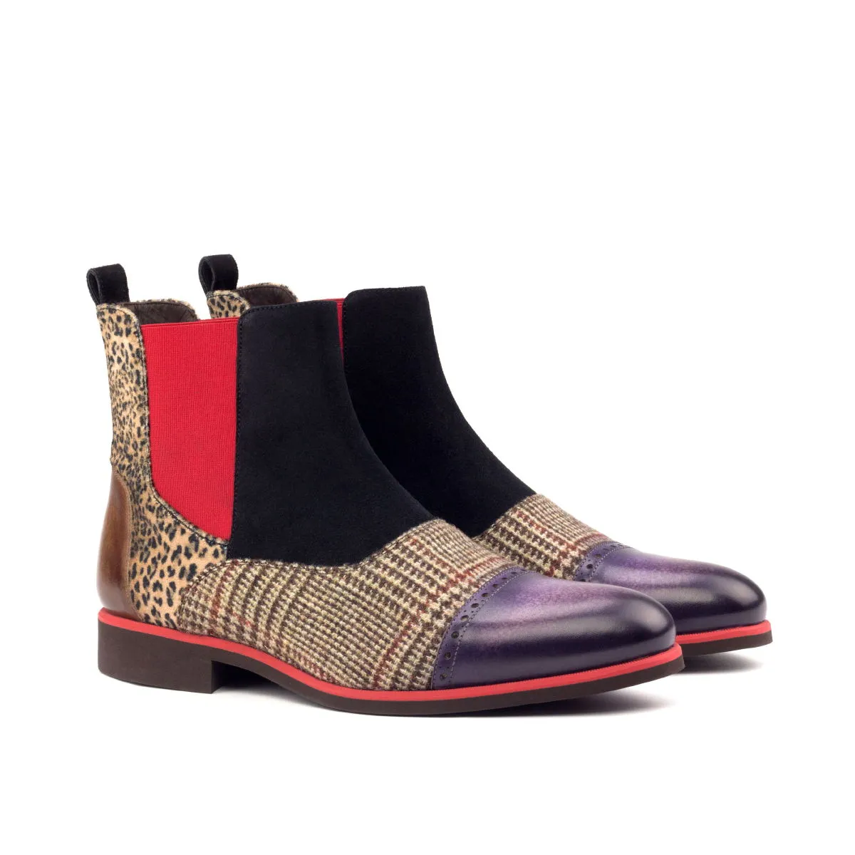 DapperFam Vesuvio in Tweed / Leopard / Black Men's Sartorial & Lux Suede & Hand-Painted Patina Chelsea Multi Boot