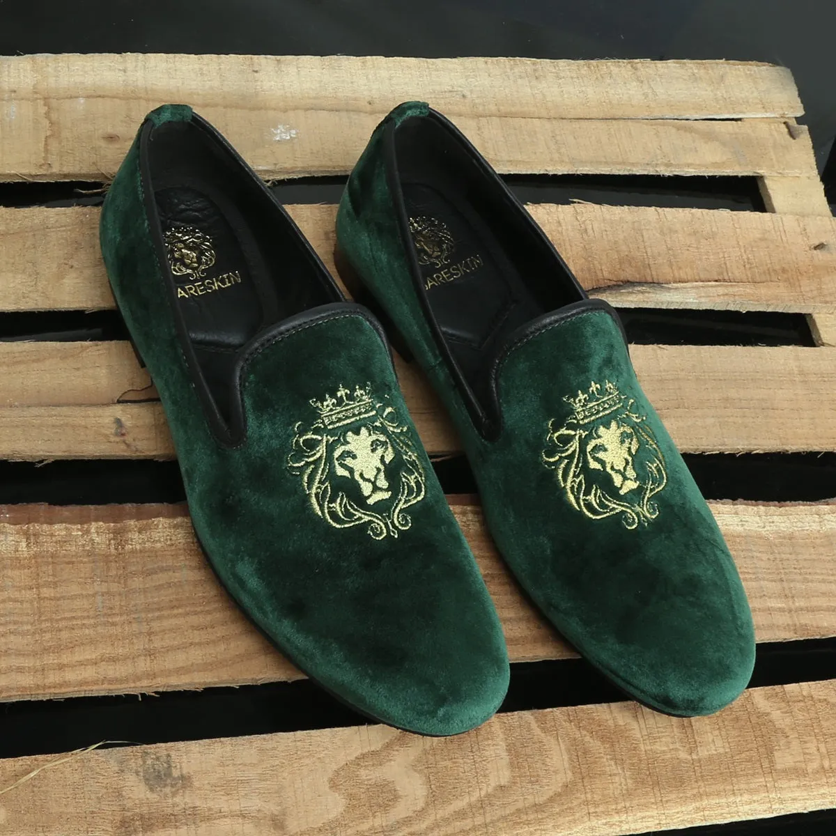 Dark Green/Golden Lion King Embroidery Velvet Slip-On By Brune & Bareskin