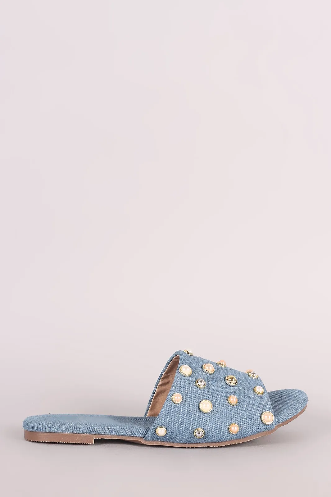 Denim Pearl Embellished Band Open Toe Slip-On Flat Sandal