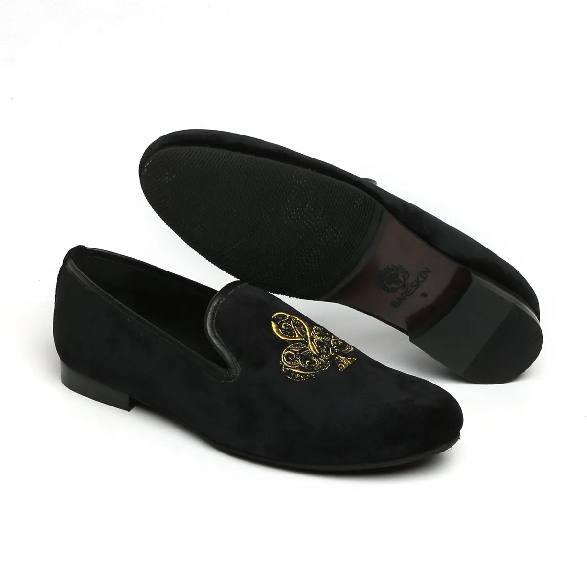 Embroidered Velvet Slip-On Shoes with Black-Golden Poker Detailing