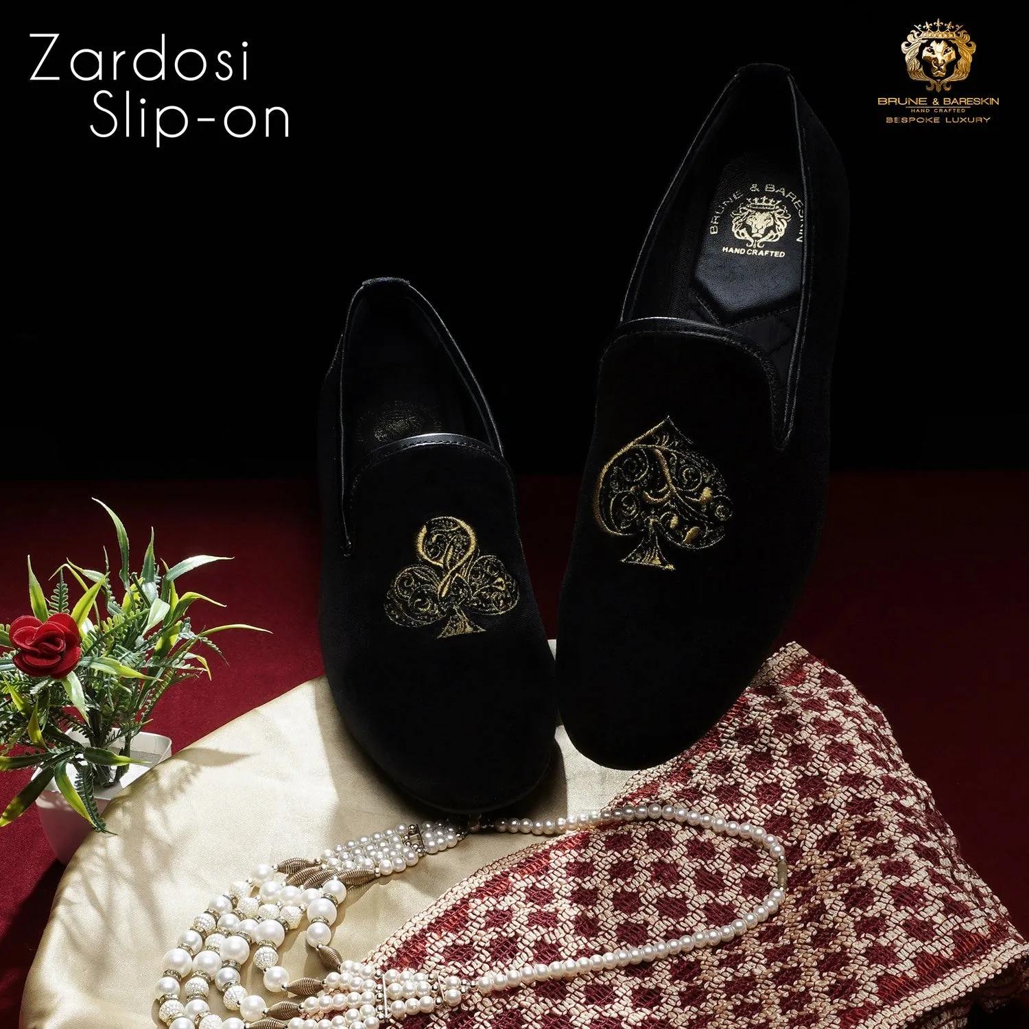 Embroidered Velvet Slip-On Shoes with Black-Golden Poker Detailing