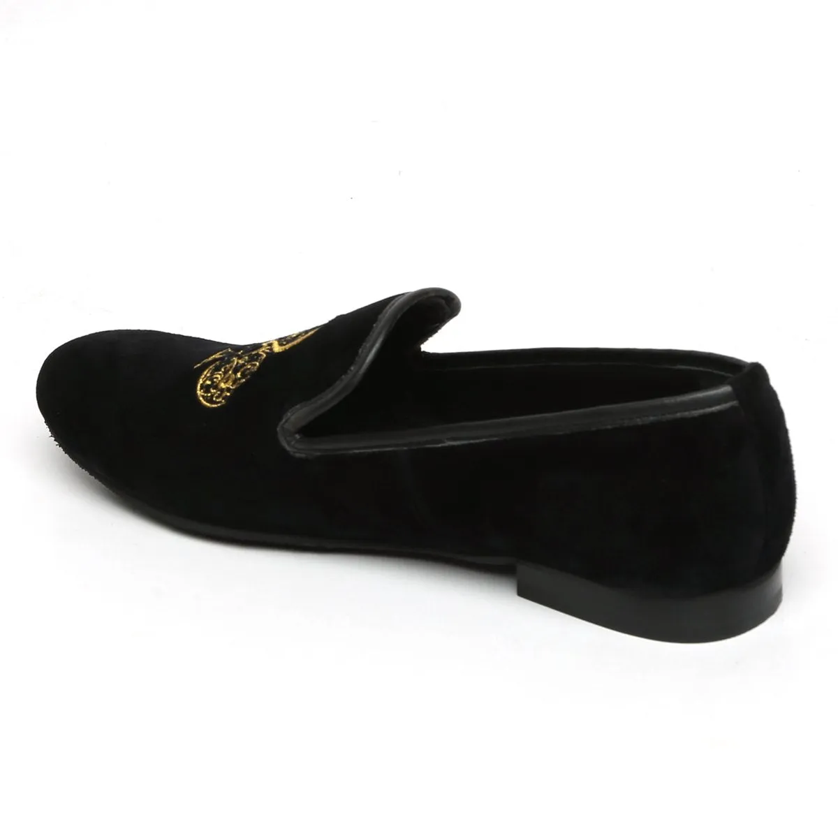 Embroidered Velvet Slip-On Shoes with Black-Golden Poker Detailing