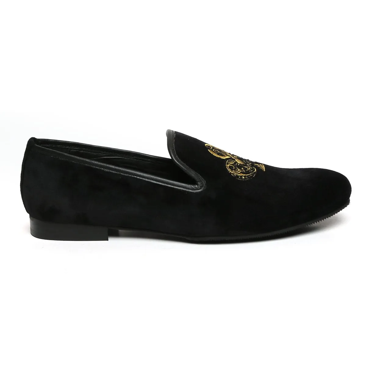 Embroidered Velvet Slip-On Shoes with Black-Golden Poker Detailing