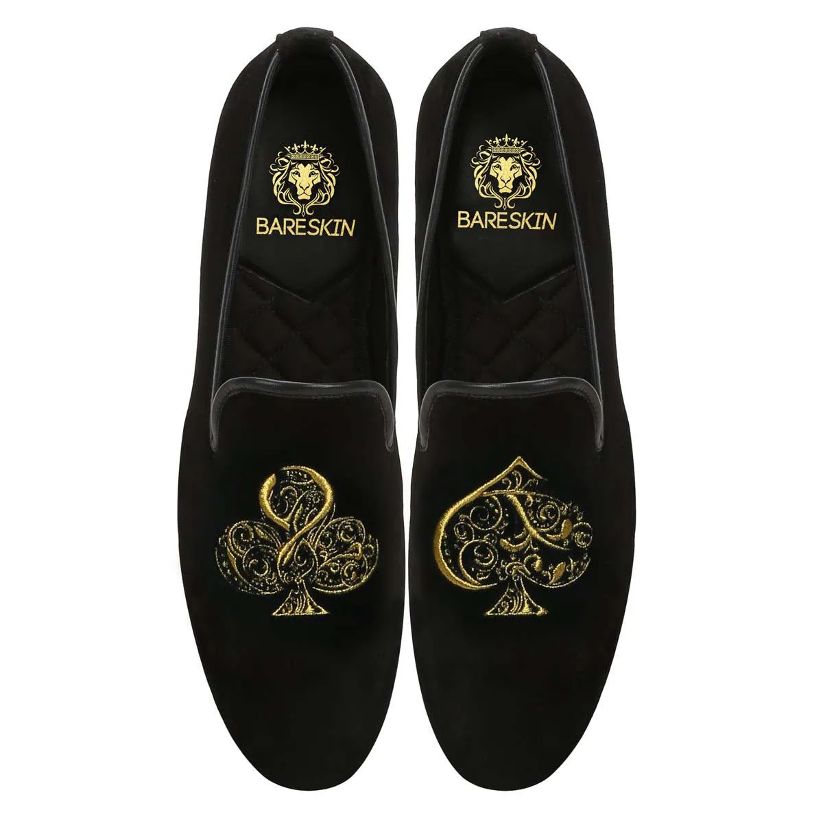 Embroidered Velvet Slip-On Shoes with Black-Golden Poker Detailing