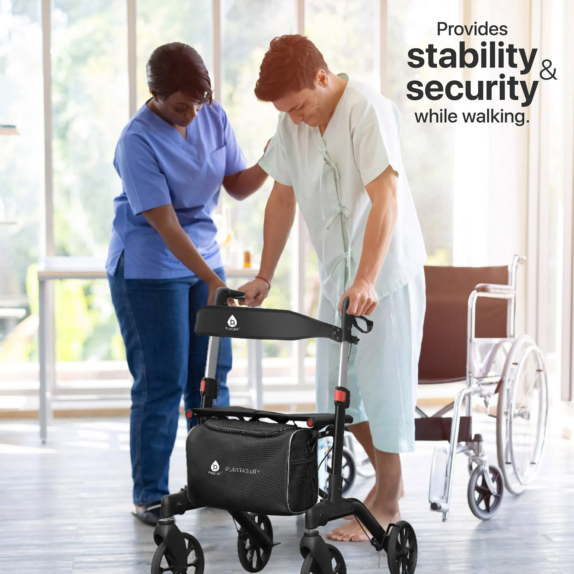 Foldable Wheeled Walker with Backrest and Bag - Adjustable Height, Lightweight, and Sturdy Design for Enhanced Mobility Support