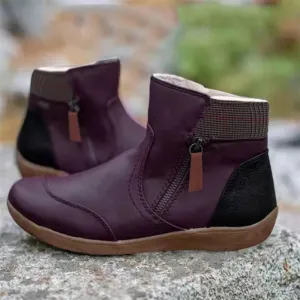 Hnzxzm Women's Boots Plus Size 43 Ladies Autumn Winter Vintage Splicing Round Toe Plus Velvet Zip Up Short Ankle Boots Warm Shoes Mujer