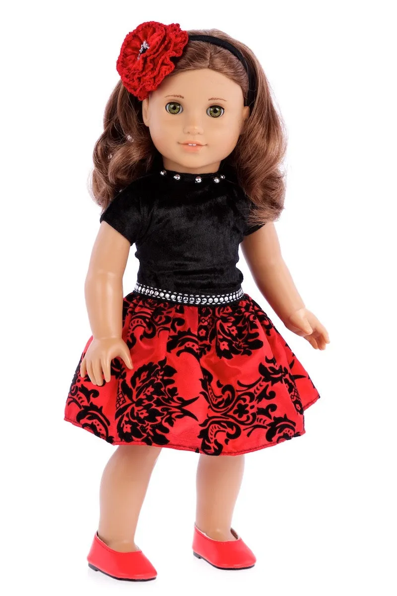Holiday Spirit - Clothes for 18 inch Doll - Holiday Red Taffeta Party Dress with Red Shoes and Headband