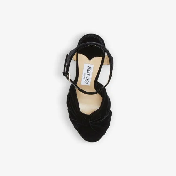 Jimmy Choo Heloise 120 Velvet Platform Sandals with Bow Decoration, Black