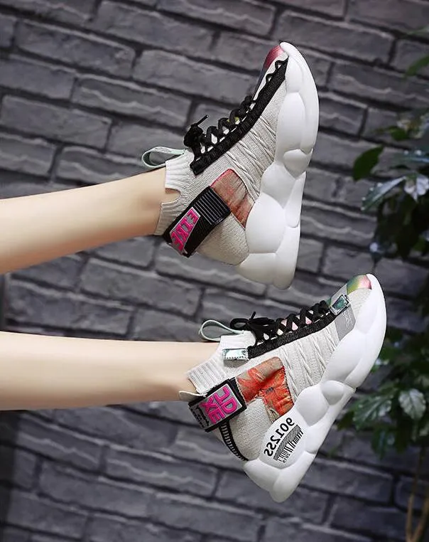 Joskaa Women Chunky Sneakers Platform 7Cm Thick Sole Ladies Casual Breathable Shoes Woman Web Celebrity Dad Female Fashion Sneakers W07