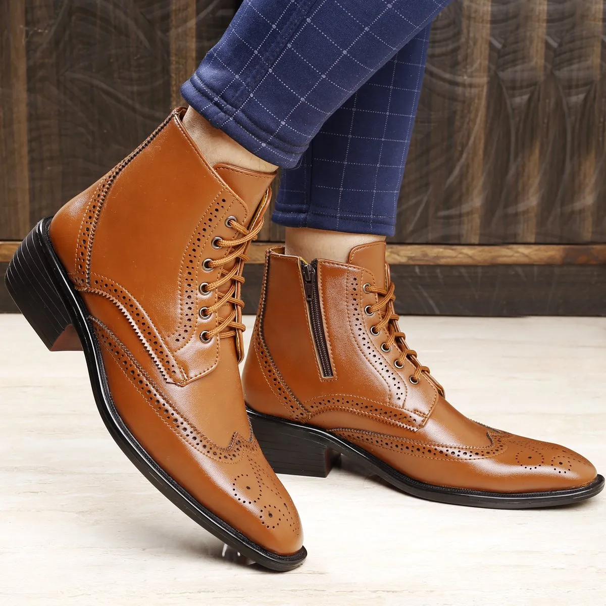 Men's Height Increasing Latest Formal / Semi-Formal Cow Boy Ankle Zipper Lace-Up Brogue Boots