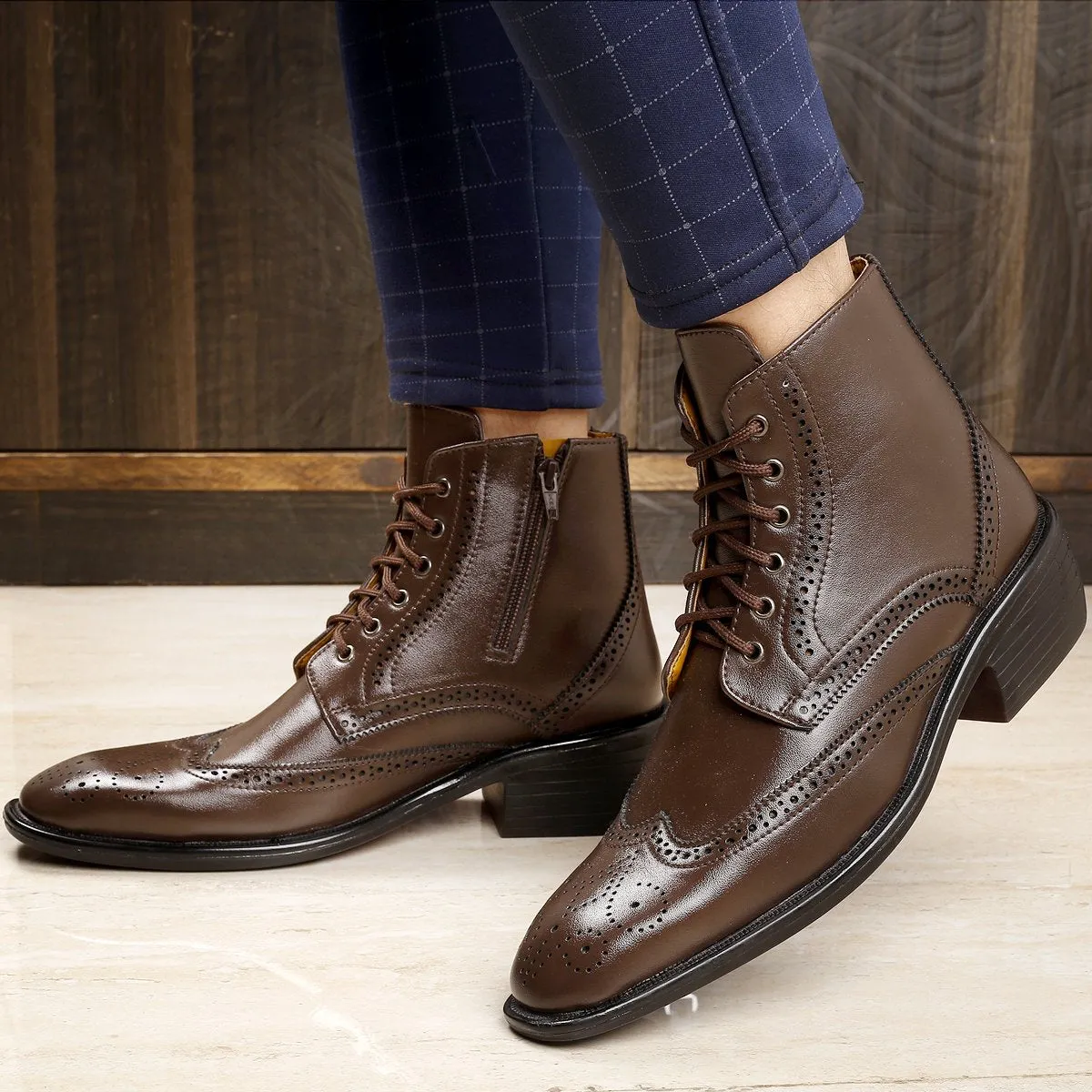 Men's Height Increasing Latest Formal / Semi-Formal Cow Boy Ankle Zipper Lace-Up Brogue Boots