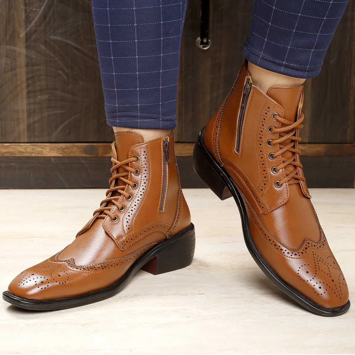 Men's Height Increasing Latest Formal / Semi-Formal Cow Boy Ankle Zipper Lace-Up Brogue Boots