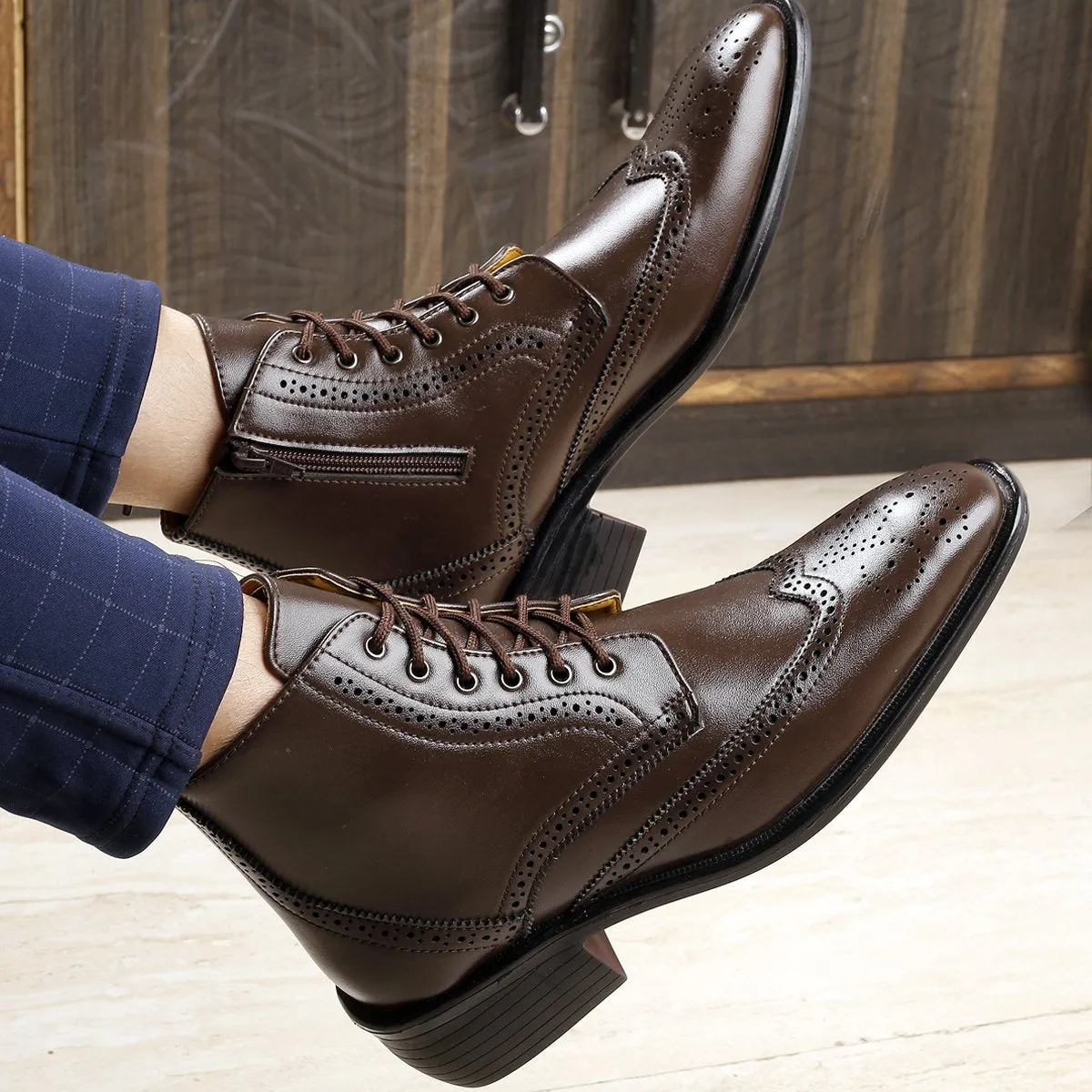 Men's Height Increasing Latest Formal / Semi-Formal Cow Boy Ankle Zipper Lace-Up Brogue Boots